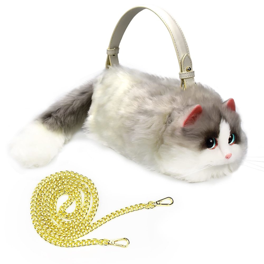 Realistic Puffy Plush Cat Shaped Crossbody Handbag (White Gray)